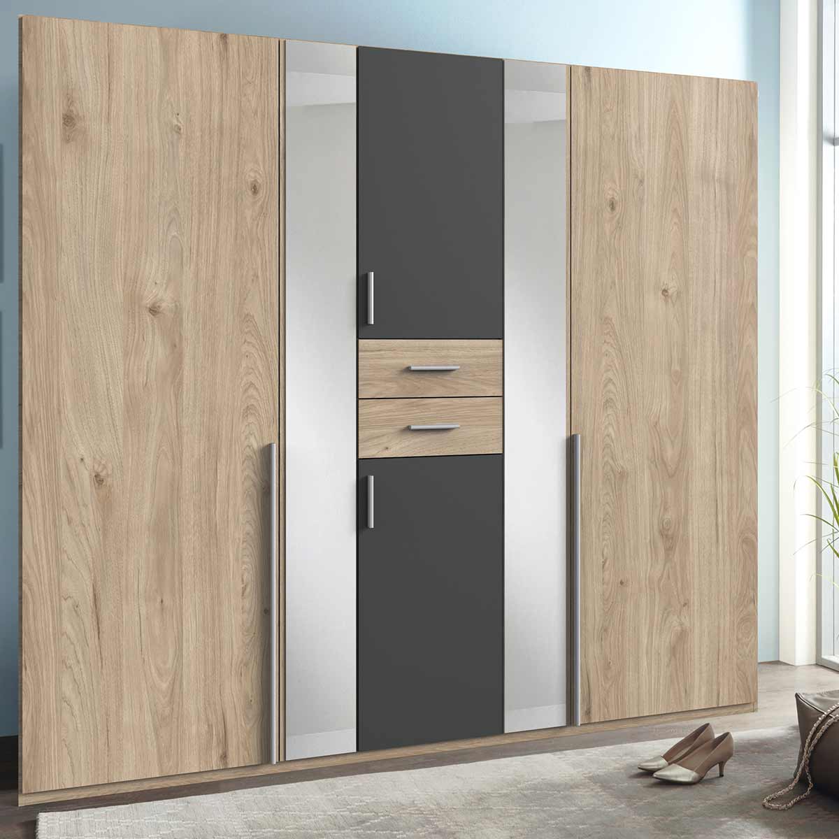 Wimex Vanea Kleiderschrank 2 Spiegel 225 cm Hickory-oak Dekor/Graphit