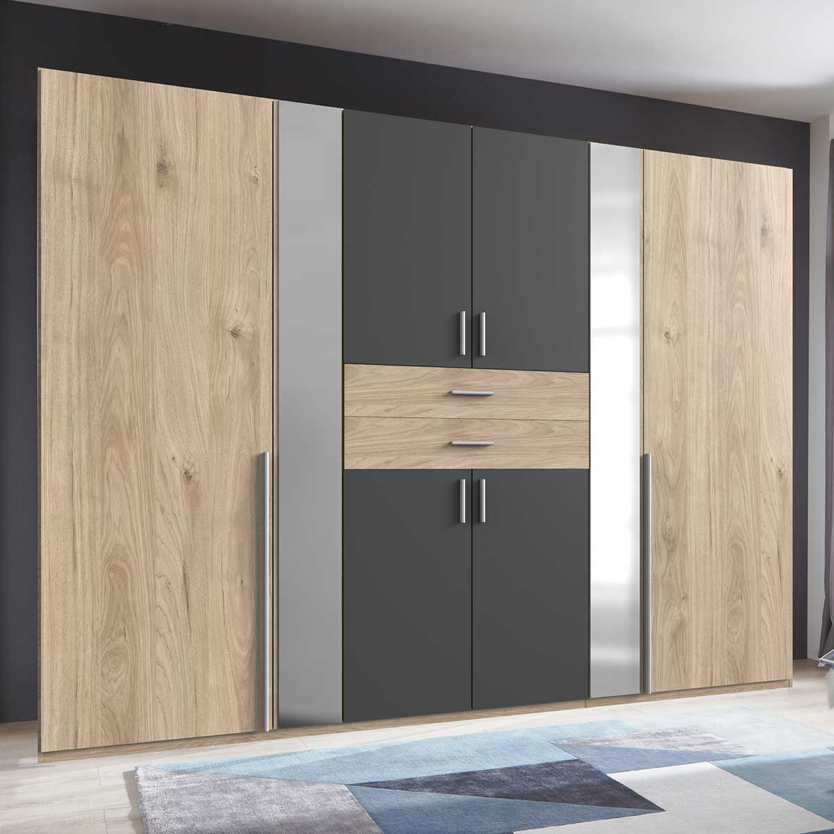 Wimex Vanea Kleiderschrank 2 Spiegel 270 cm Hickory-oak Dekor/Graphit