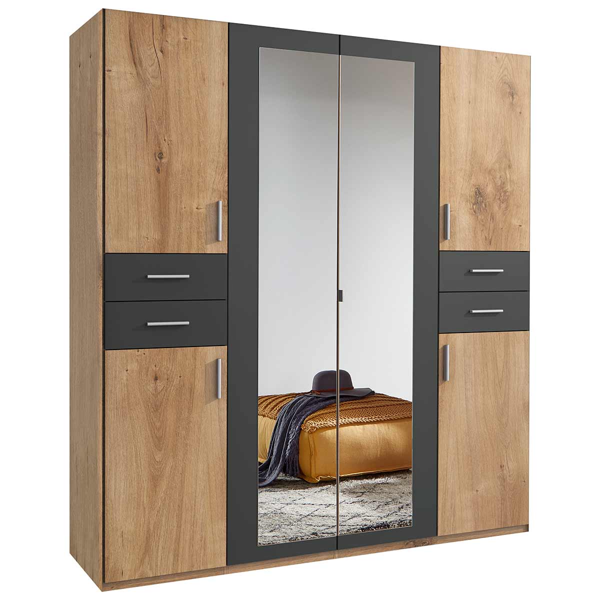 Wimex Vegas Kleiderschrank 2 Spiegel 180 cm Plankeneiche Dekor/Graphit