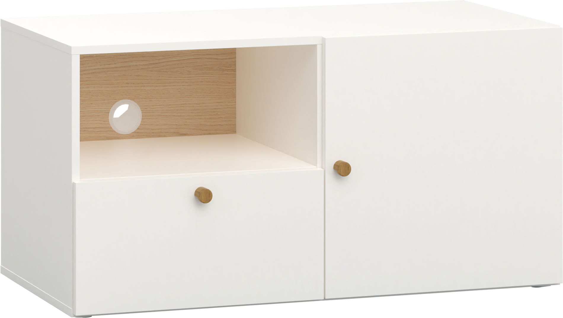 Vox RELI - Schrank RTV schmal mit schlichter Front und Eichengriff / Alabasterweiß, Eiche hell