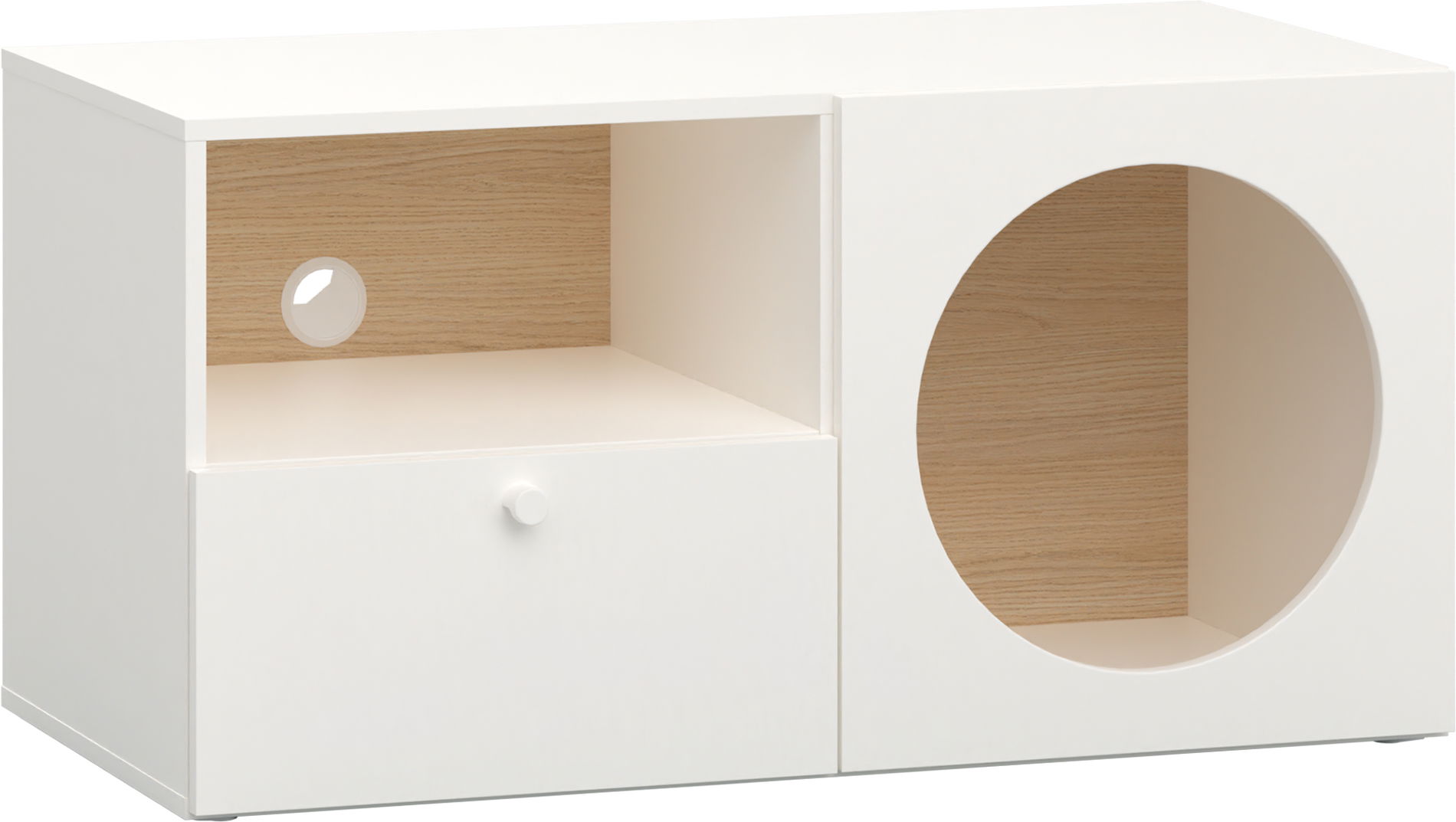 Vox RELI - Schrank RTV schmal mit offener Front und Griff / Alabasterweiß, Eiche hell