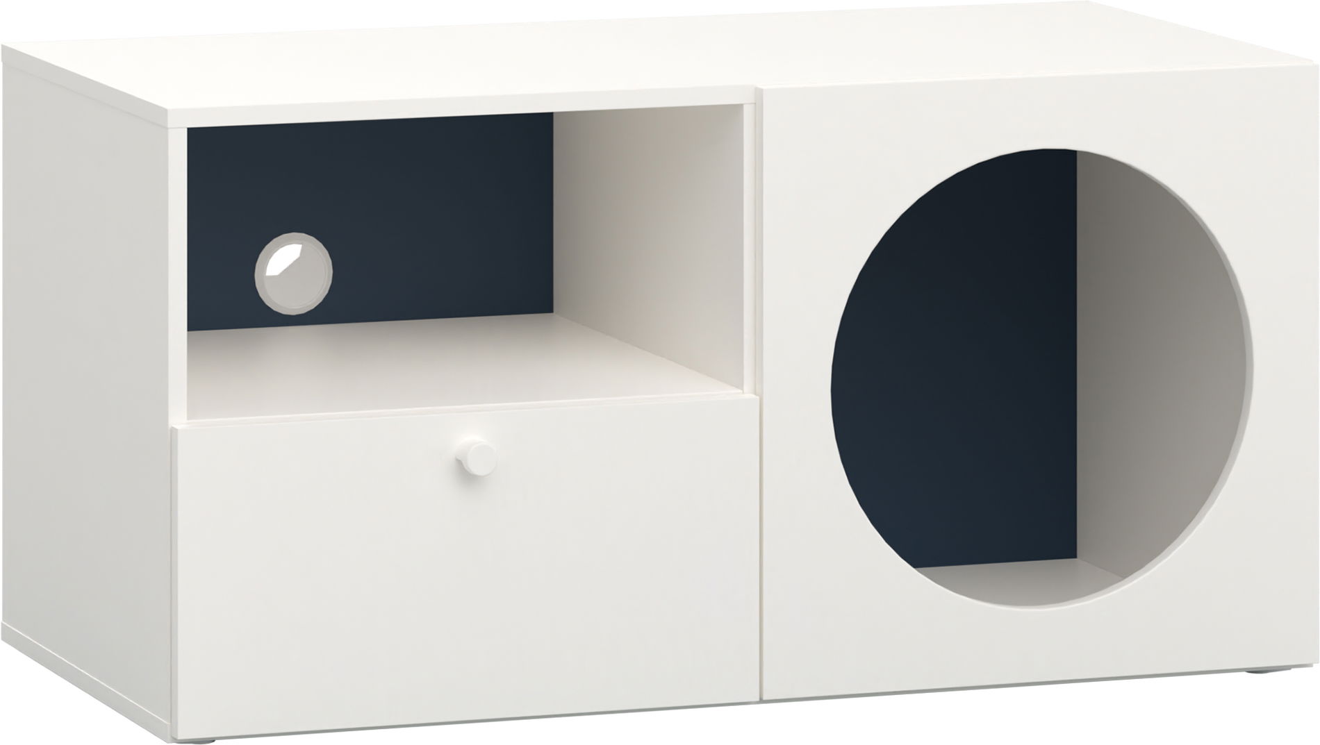 Vox RELI - Schrank RTV schmal mit offener Front und Griff / Alabasterweiß, Indigo