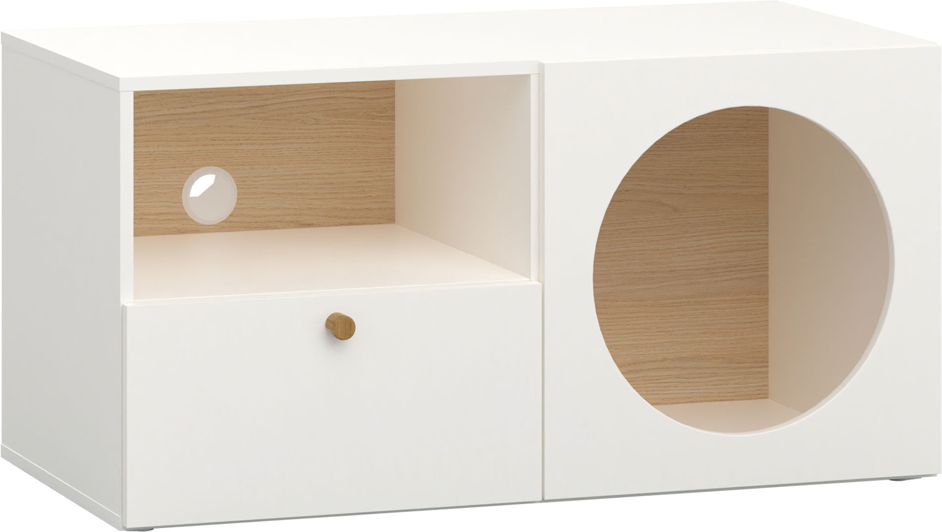 Vox RELI - Schrank RTV schmal mit offener Front und Griff / Alabasterweiß, Eiche hell