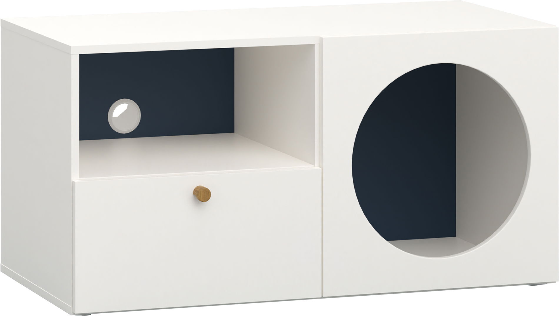 Vox RELI - Schrank RTV schmal mit offener Front und Eichengriff/ Alabasterweiß, Indigo