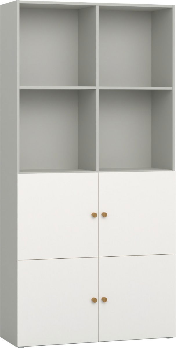 Vox RELI - Bücherregal mit Frontgestaltung, Option: 1 & 2; Gehäuse: Grau; Griff: Eiche, Front: Alabasterweiß