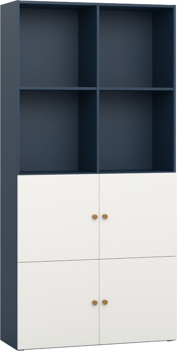 Vox RELI - Bücherregal mit Frontgestaltung, Option: 1 & 2; Gehäuse : Indigo; Griff: Eiche, Front: Alabasterweiß