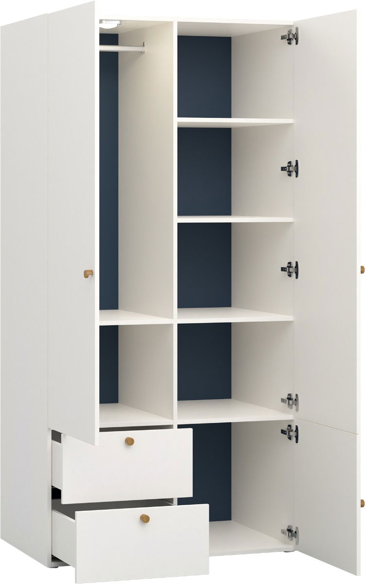 Vox RELI - Kleiderschrank 2-türig mit schlichter Front und Eichegriff- Alabasterweiß/Indigo