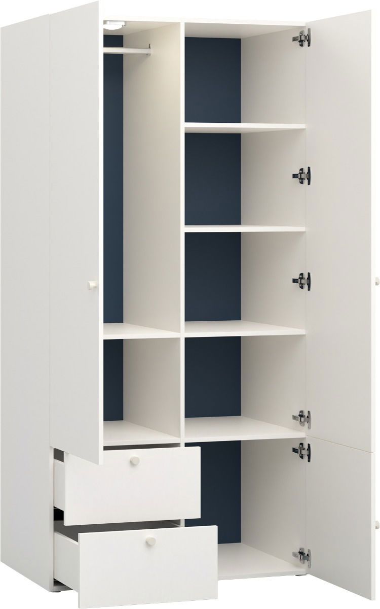 Vox RELI - Kleiderschrank 2-türig mit glatter Front und Griff - Alabasterweiß/Indigo
