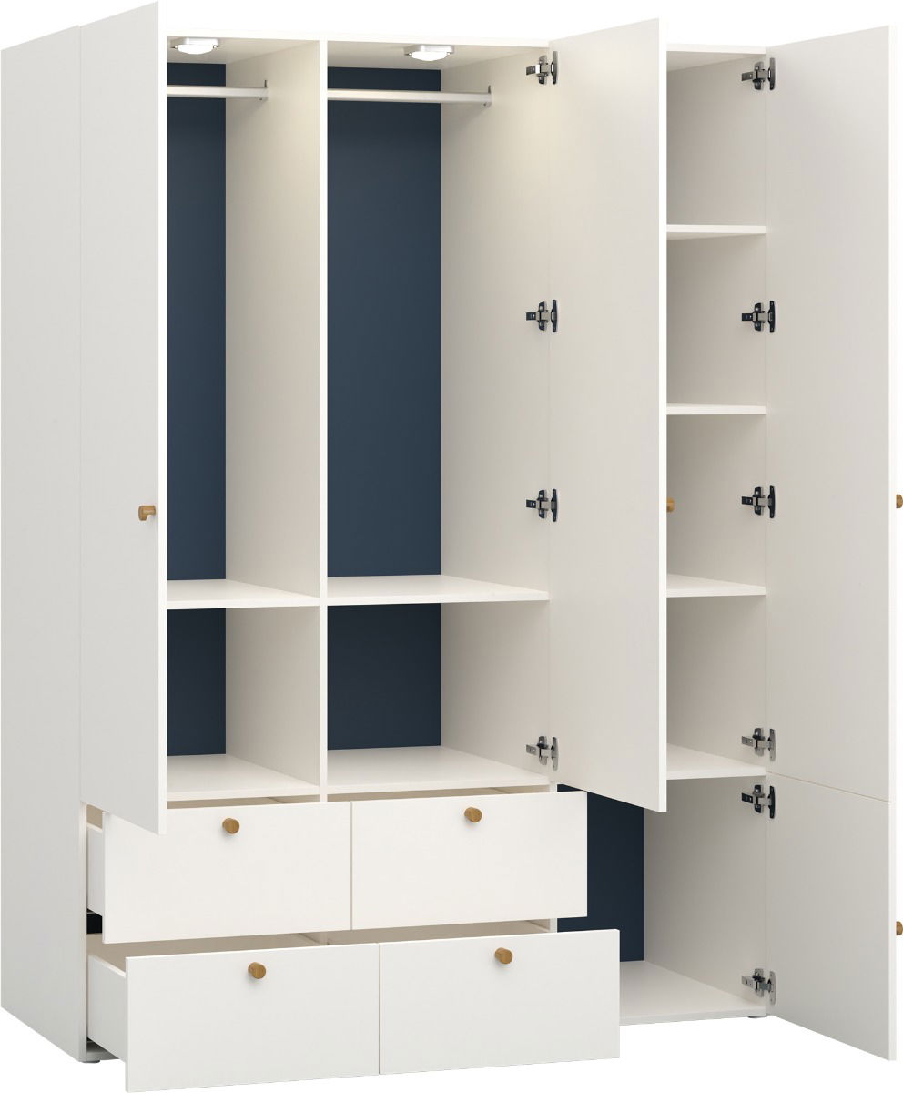 Vox RELI - Kleiderschrank 3-türig mit schlichter Front und Eichenholzgriff - Alabasterweiß/Indigo