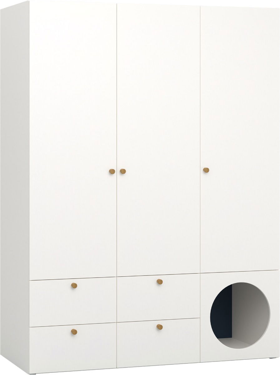 Vox RELI - Kleiderschrank 3-türig mit offener Front und Eiche Griff - Alabasterweiß/Indigo