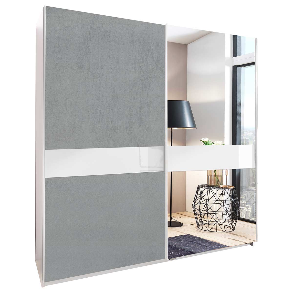 Wimex Weimar Schwebetürenschrank 1 Spiegel 179 cm Beton Dekor/Weiß