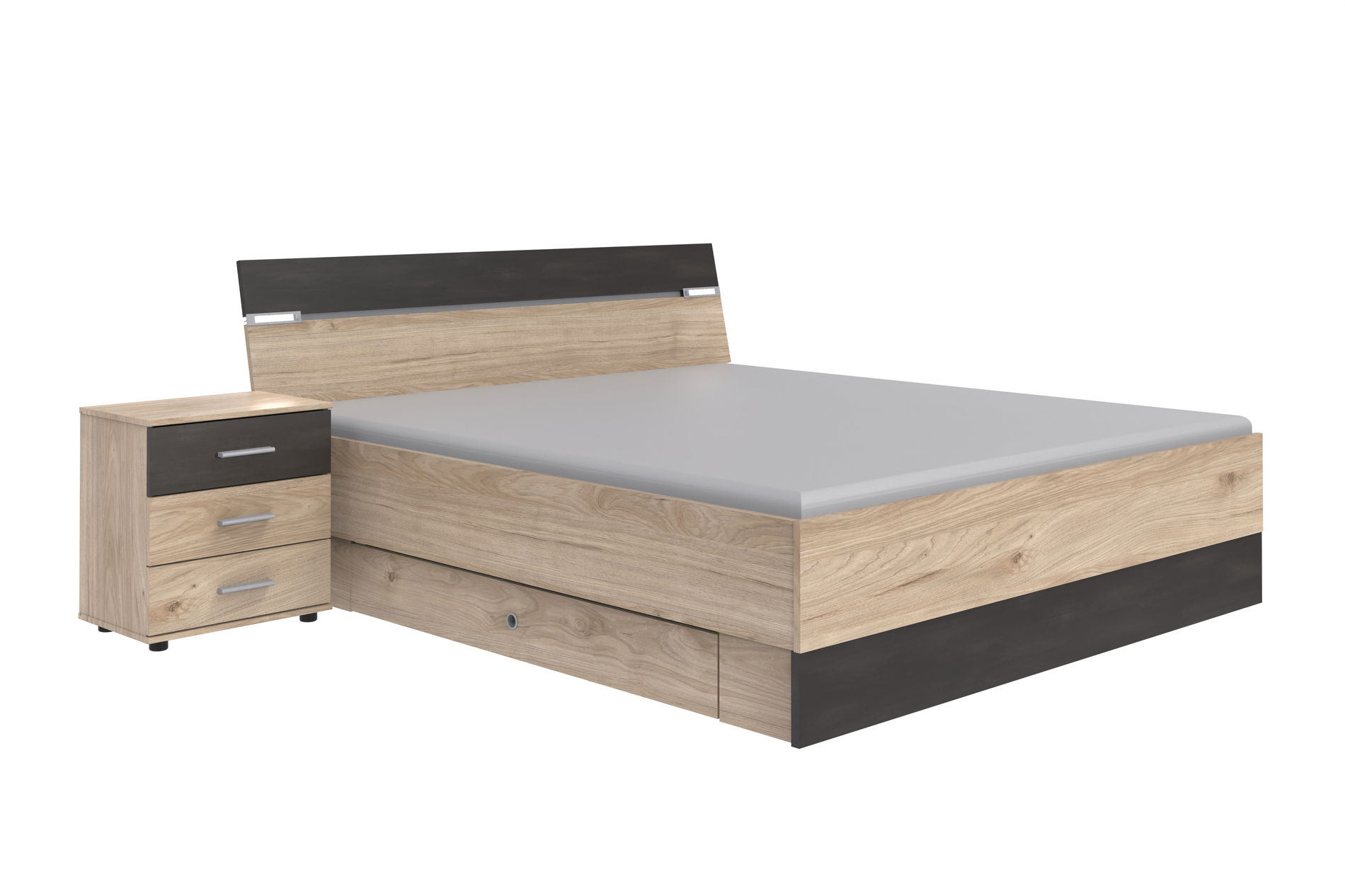 Wimex Xanten Bett inkl. Nachtschränke & Beleuchtung Hickory-oak-Nachbildung/Raw Steel