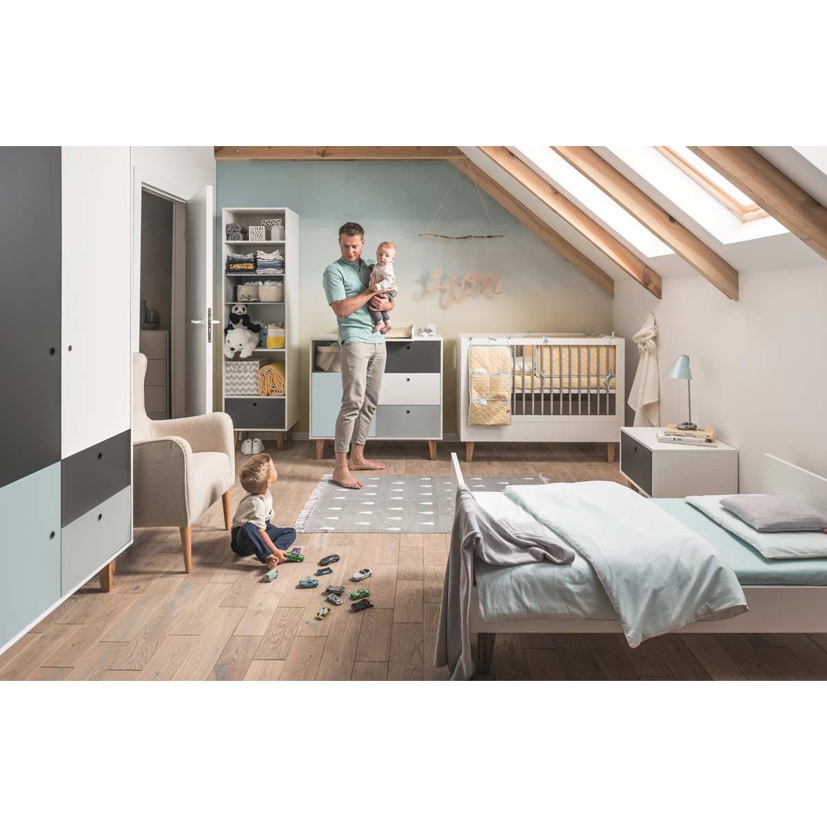 VOX Concept Baby Babyzimmer 70x140 blue white/grey/graphite ( Kleiderschrank: mit Concept Baby 2-türiger Kleiderschrank white/graphite/grey/sky blue / 5020010)