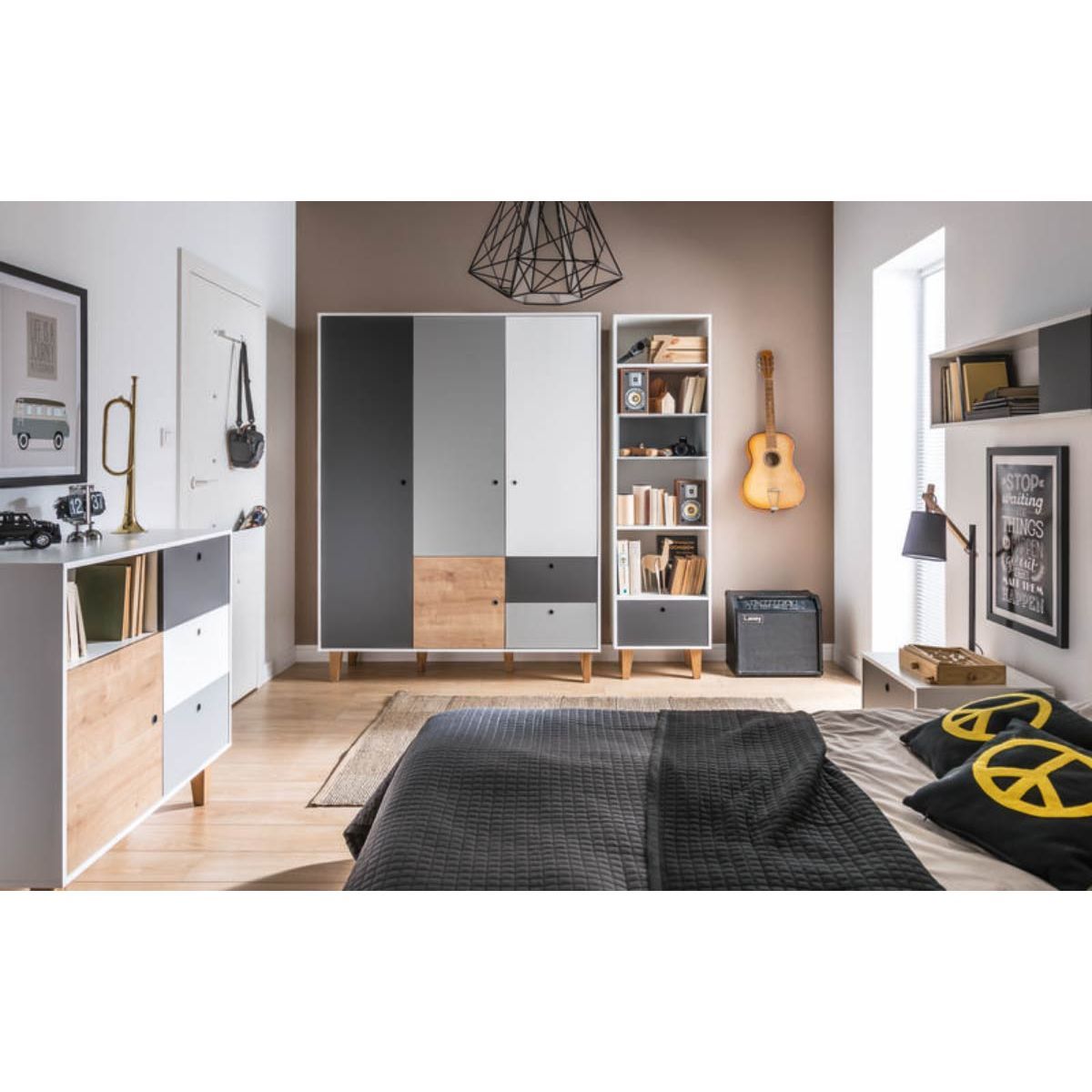 VOX Concept Jugendzimmer 3türig oak white/grey/graphite ( Bett: mit Concept Bettgestell 120x200 cm / 4015111)