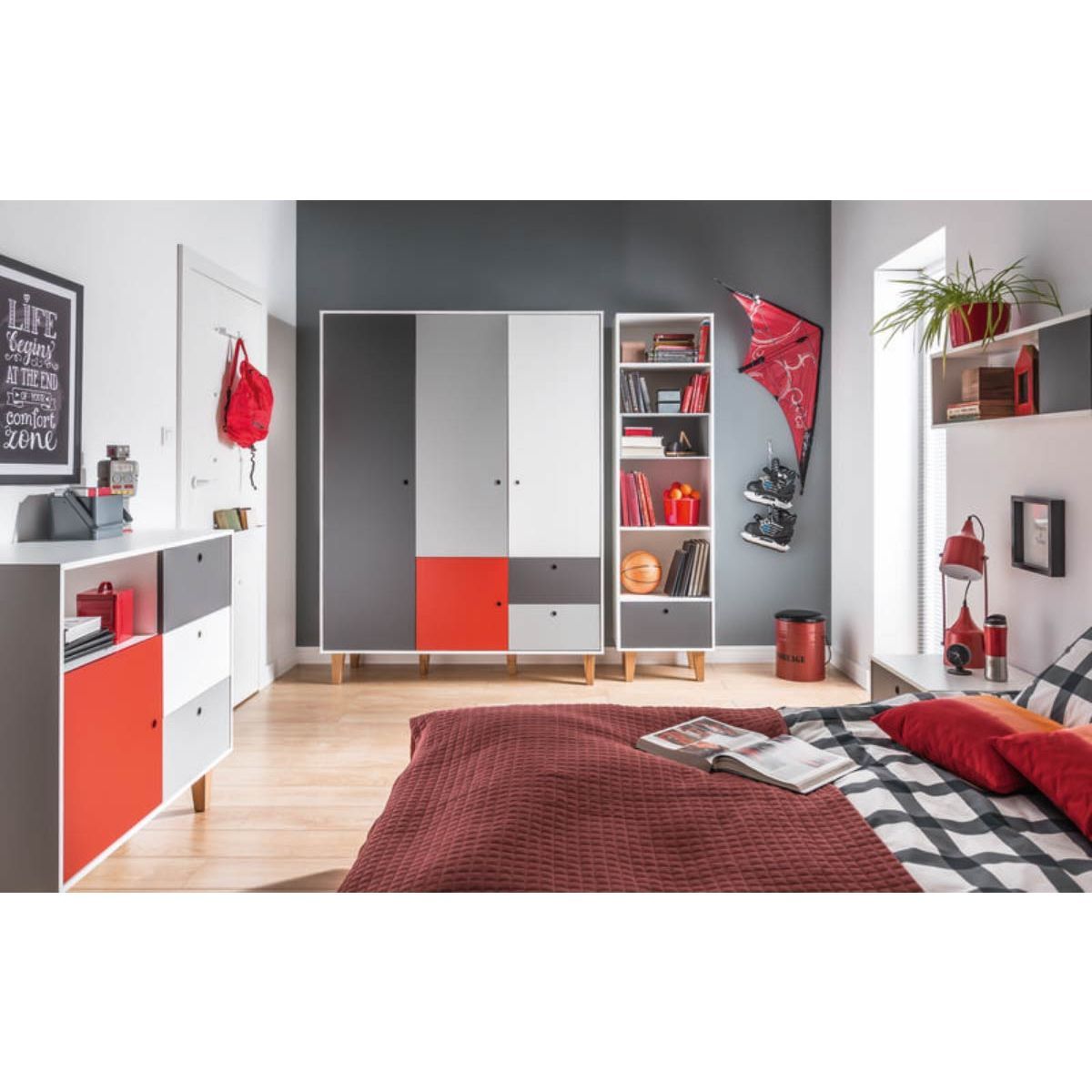VOX Concept Jugendzimmer 3türig red white/grey/graphite ( Bett: mit Concept Bettgestell 120x200 cm / 4015111)